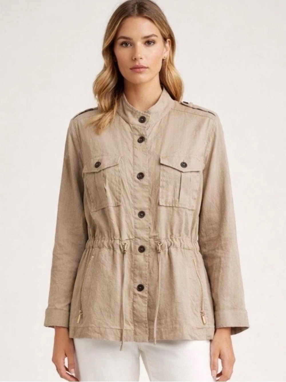 Calvin Klein XL Linen Utility Jacket Tan Safari Military Button Front Utility